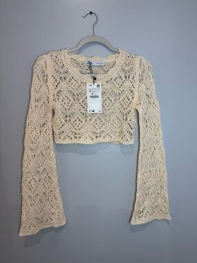 Zara Women's Crochet Crop Top Long Sleeve Size Small Butter Beige NWT Summer Top